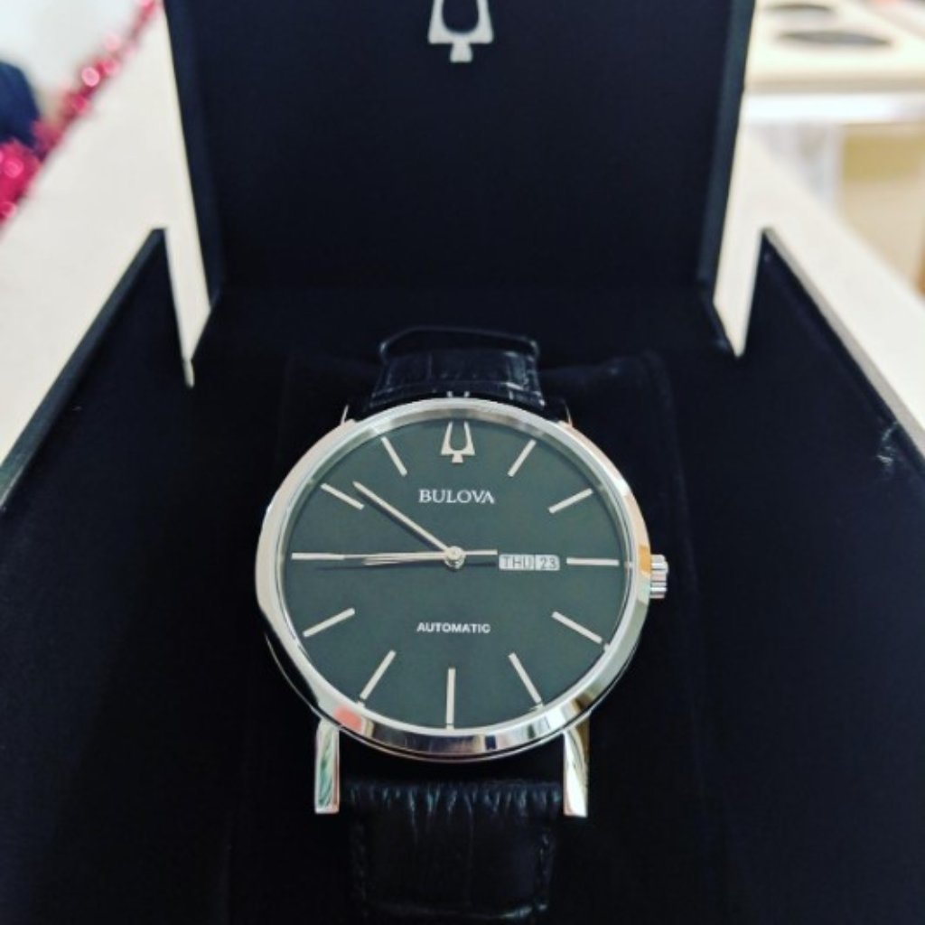 Mens Bulova Automatic Black Dial Leather Watch